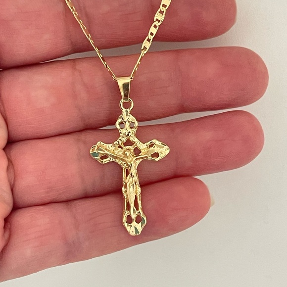 14k Gold Filled Crucifix Valentino Necklace Cadena con crucifijo - Picture 3 of 7